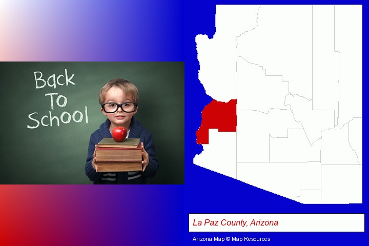 the back-to-school concept; La Paz County, Arizona highlighted in red on a map