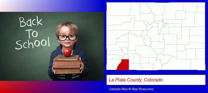 the back-to-school concept; La Plata County, Colorado highlighted in red on a map