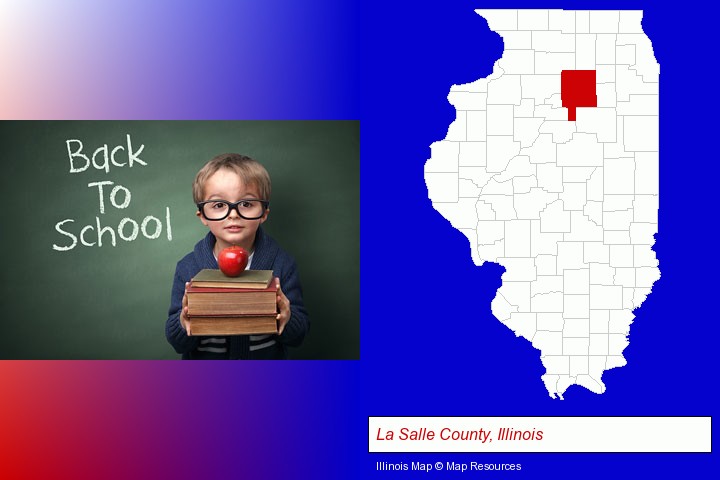 the back-to-school concept; La Salle County, Illinois highlighted in red on a map