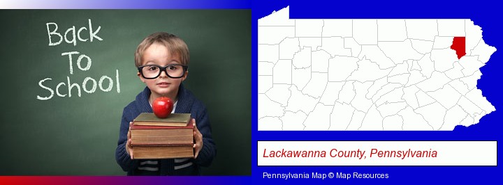 the back-to-school concept; Lackawanna County, Pennsylvania highlighted in red on a map