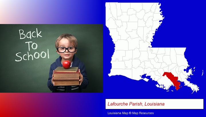 the back-to-school concept; Lafourche Parish, Louisiana highlighted in red on a map
