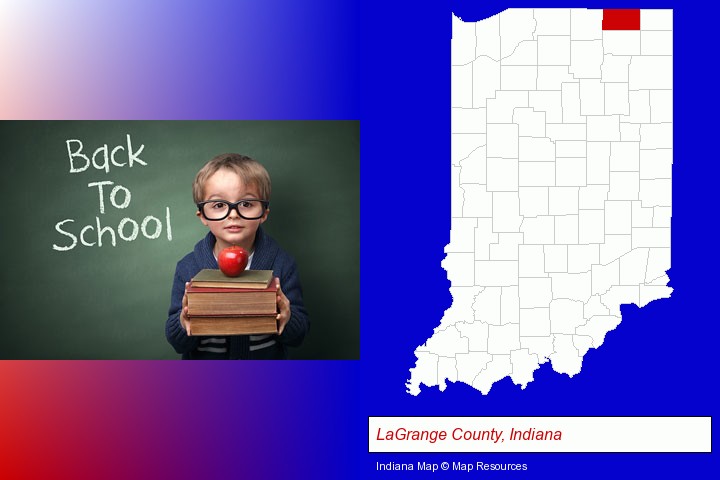 the back-to-school concept; LaGrange County, Indiana highlighted in red on a map