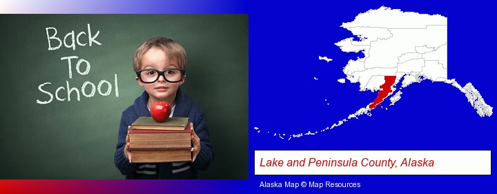 the back-to-school concept; Lake and Peninsula County, Alaska highlighted in red on a map