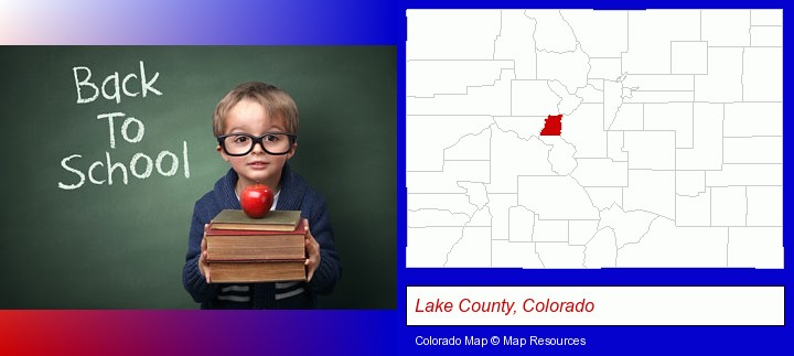 the back-to-school concept; Lake County, Colorado highlighted in red on a map