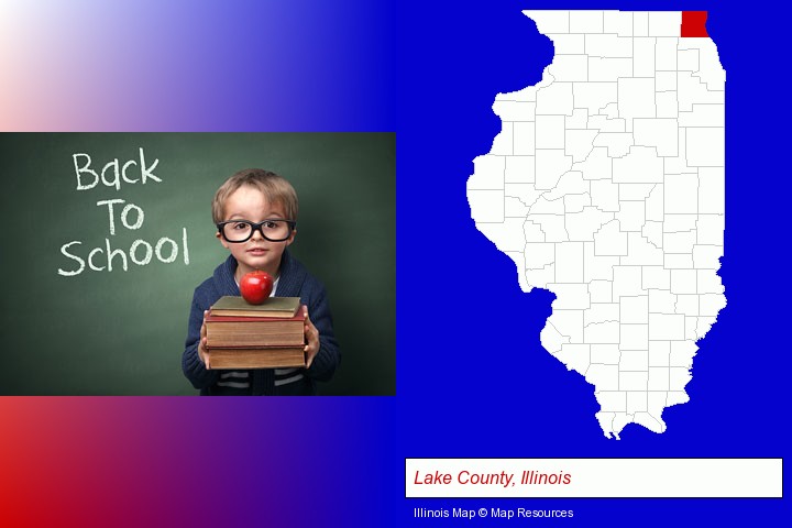 the back-to-school concept; Lake County, Illinois highlighted in red on a map