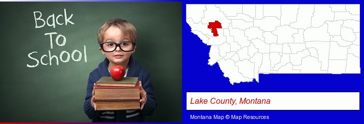 the back-to-school concept; Lake County, Montana highlighted in red on a map