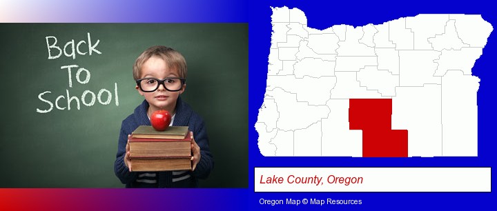 the back-to-school concept; Lake County, Oregon highlighted in red on a map