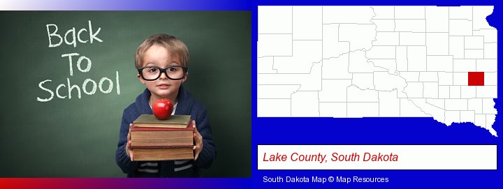 the back-to-school concept; Lake County, South Dakota highlighted in red on a map