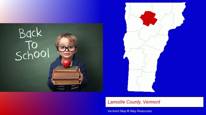 the back-to-school concept; Lamoille County, Vermont highlighted in red on a map