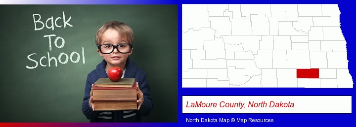 the back-to-school concept; LaMoure County, North Dakota highlighted in red on a map