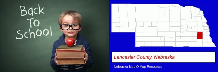 the back-to-school concept; Lancaster County, Nebraska highlighted in red on a map