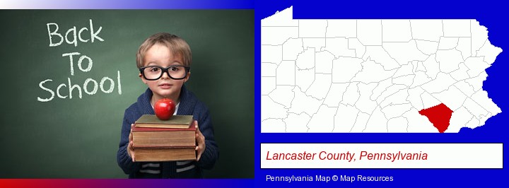 the back-to-school concept; Lancaster County, Pennsylvania highlighted in red on a map