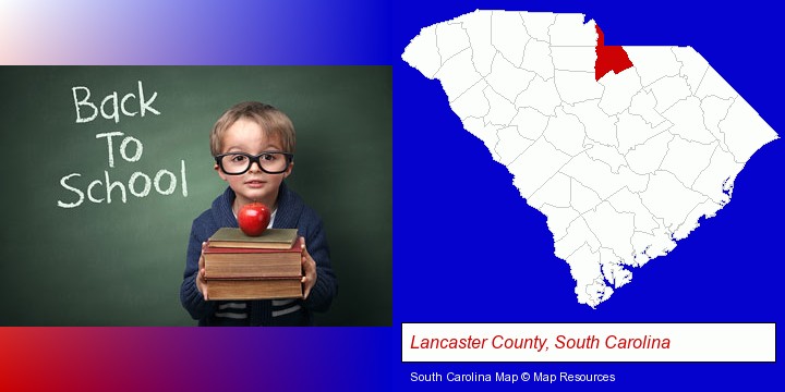 the back-to-school concept; Lancaster County, South Carolina highlighted in red on a map