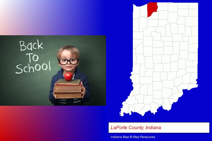 the back-to-school concept; LaPorte County, Indiana highlighted in red on a map