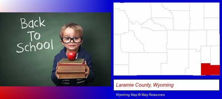 the back-to-school concept; Laramie County, Wyoming highlighted in red on a map