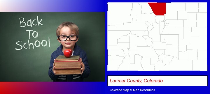 the back-to-school concept; Larimer County, Colorado highlighted in red on a map