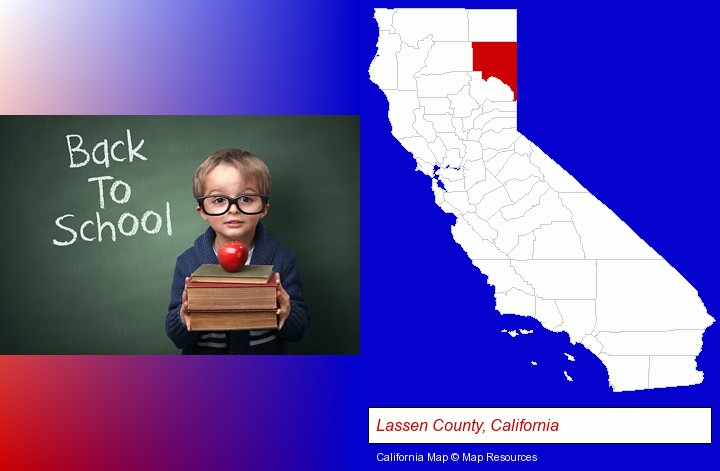 the back-to-school concept; Lassen County, California highlighted in red on a map