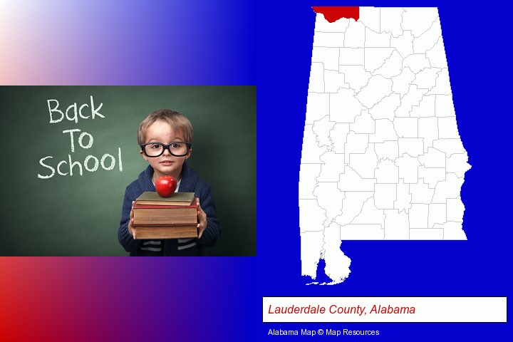 the back-to-school concept; Lauderdale County, Alabama highlighted in red on a map