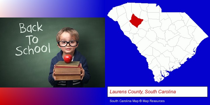 the back-to-school concept; Laurens County, South Carolina highlighted in red on a map