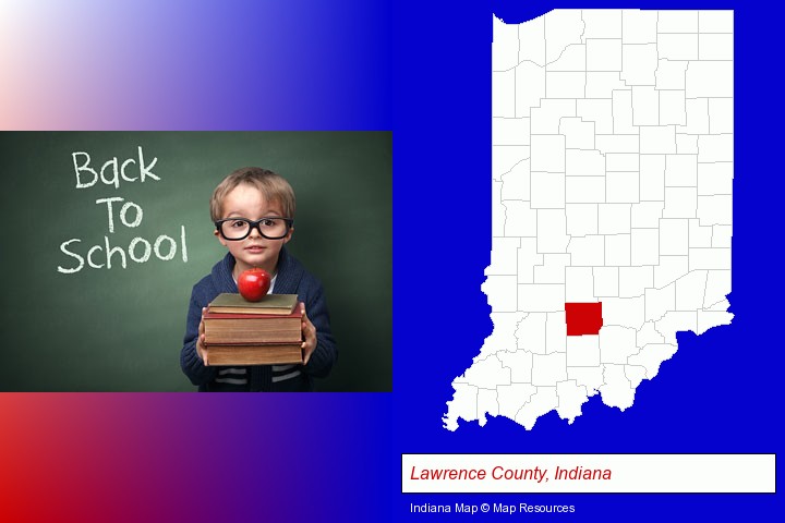 the back-to-school concept; Lawrence County, Indiana highlighted in red on a map
