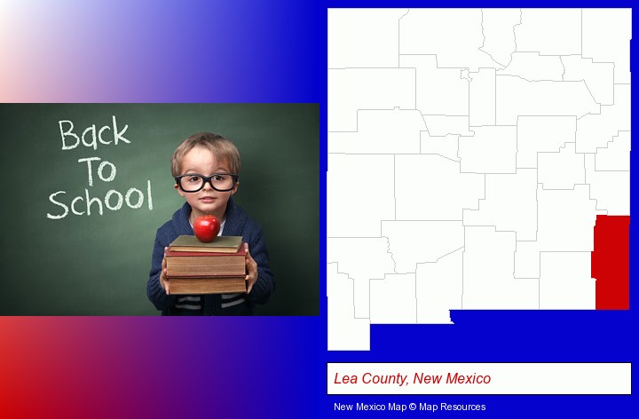 the back-to-school concept; Lea County, New Mexico highlighted in red on a map