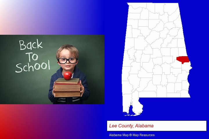 the back-to-school concept; Lee County, Alabama highlighted in red on a map