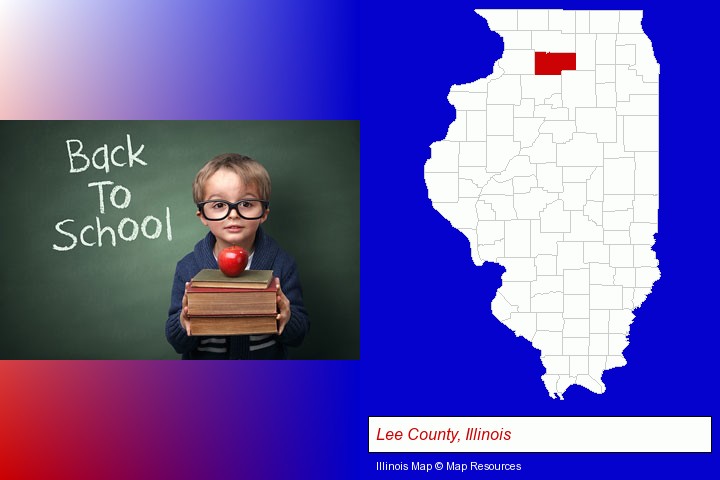 the back-to-school concept; Lee County, Illinois highlighted in red on a map
