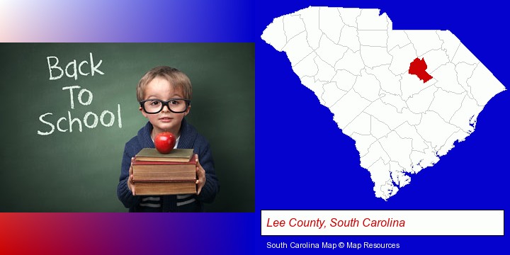 the back-to-school concept; Lee County, South Carolina highlighted in red on a map