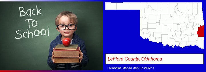 the back-to-school concept; LeFlore County, Oklahoma highlighted in red on a map