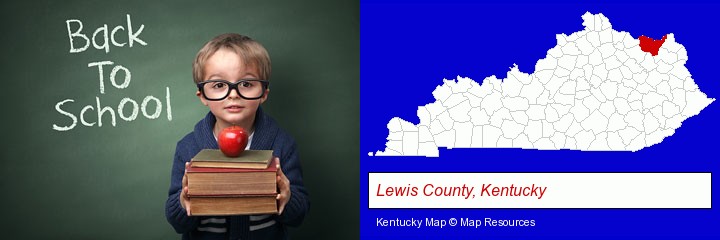 the back-to-school concept; Lewis County, Kentucky highlighted in red on a map
