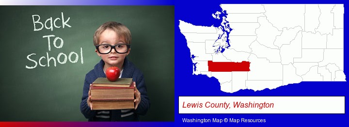 the back-to-school concept; Lewis County, Washington highlighted in red on a map