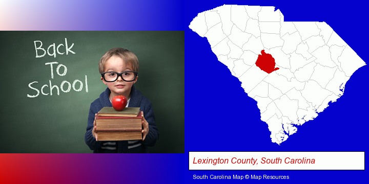 the back-to-school concept; Lexington County, South Carolina highlighted in red on a map
