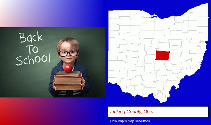 the back-to-school concept; Licking County, Ohio highlighted in red on a map
