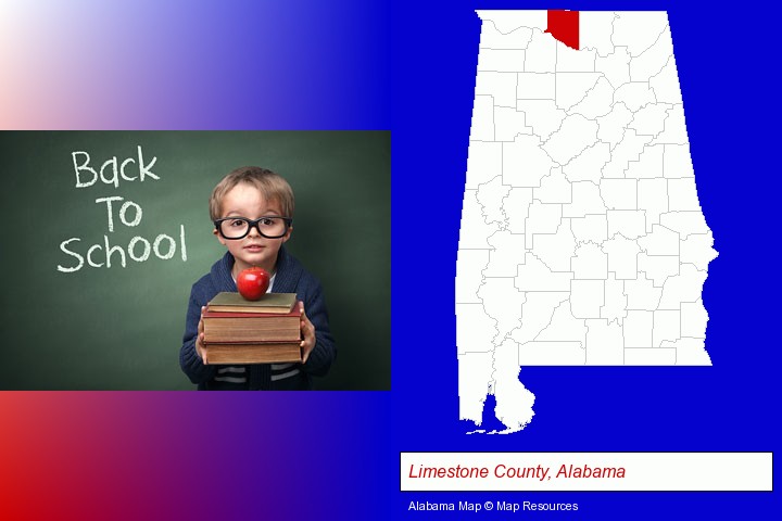 the back-to-school concept; Limestone County, Alabama highlighted in red on a map