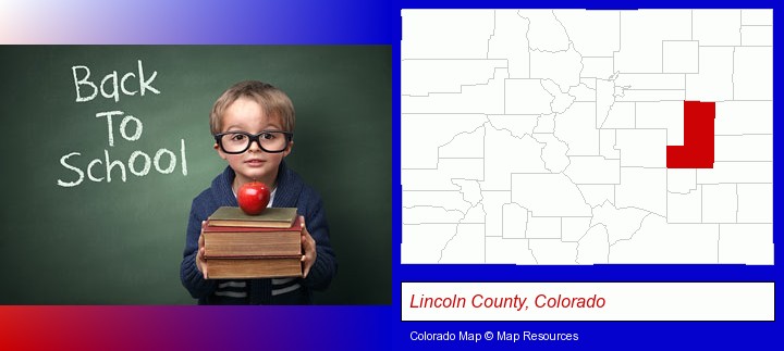 the back-to-school concept; Lincoln County, Colorado highlighted in red on a map