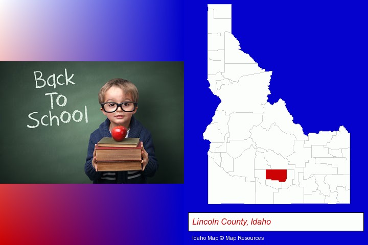 the back-to-school concept; Lincoln County, Idaho highlighted in red on a map
