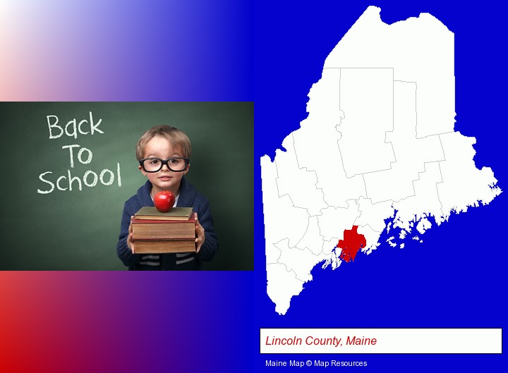the back-to-school concept; Lincoln County, Maine highlighted in red on a map