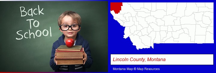 the back-to-school concept; Lincoln County, Montana highlighted in red on a map