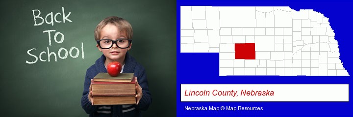 the back-to-school concept; Lincoln County, Nebraska highlighted in red on a map