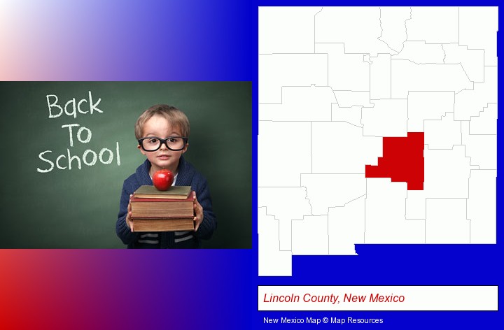 the back-to-school concept; Lincoln County, New Mexico highlighted in red on a map