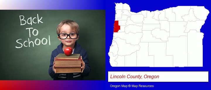 the back-to-school concept; Lincoln County, Oregon highlighted in red on a map