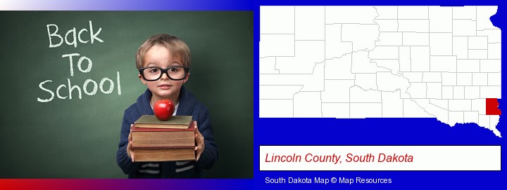 the back-to-school concept; Lincoln County, South Dakota highlighted in red on a map