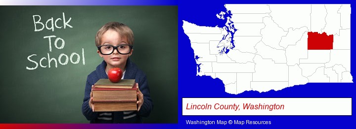 the back-to-school concept; Lincoln County, Washington highlighted in red on a map
