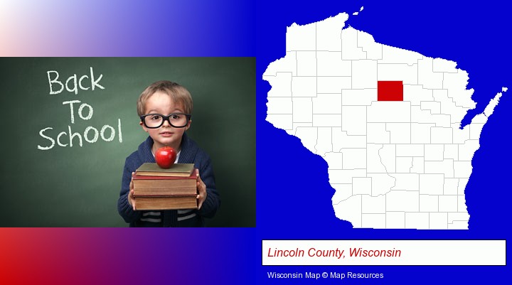 the back-to-school concept; Lincoln County, Wisconsin highlighted in red on a map