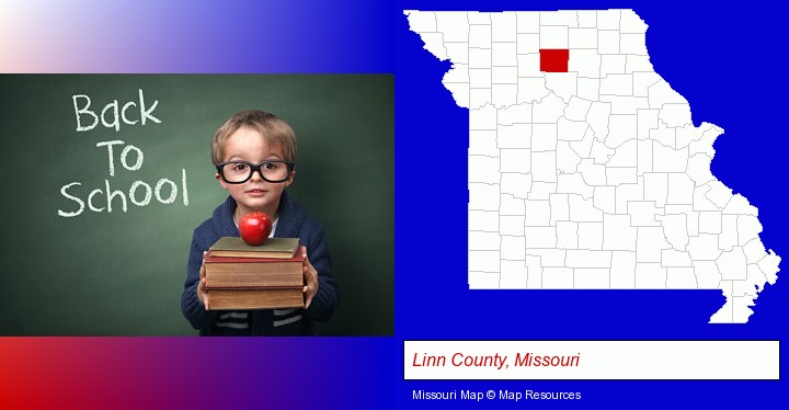 the back-to-school concept; Linn County, Missouri highlighted in red on a map