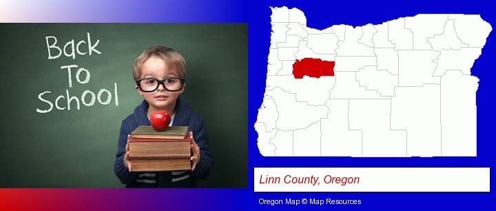 the back-to-school concept; Linn County, Oregon highlighted in red on a map