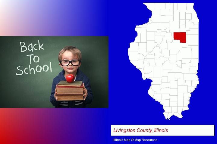 the back-to-school concept; Livingston County, Illinois highlighted in red on a map