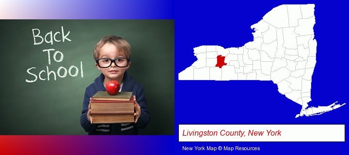 the back-to-school concept; Livingston County, New York highlighted in red on a map