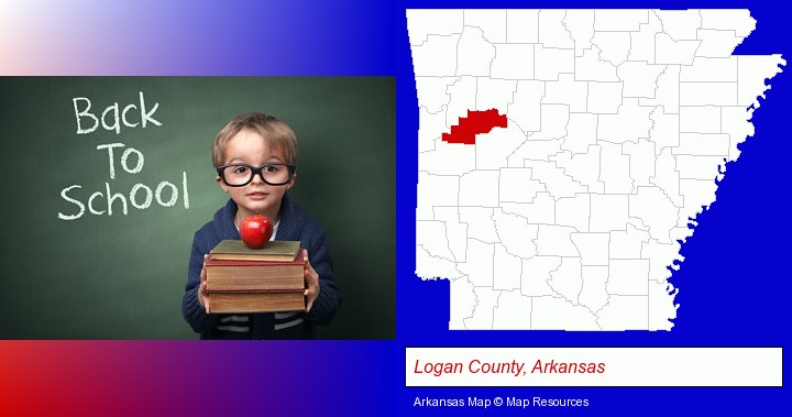 the back-to-school concept; Logan County, Arkansas highlighted in red on a map