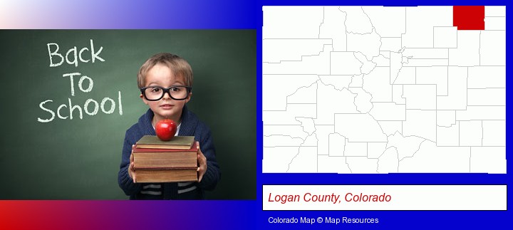 the back-to-school concept; Logan County, Colorado highlighted in red on a map